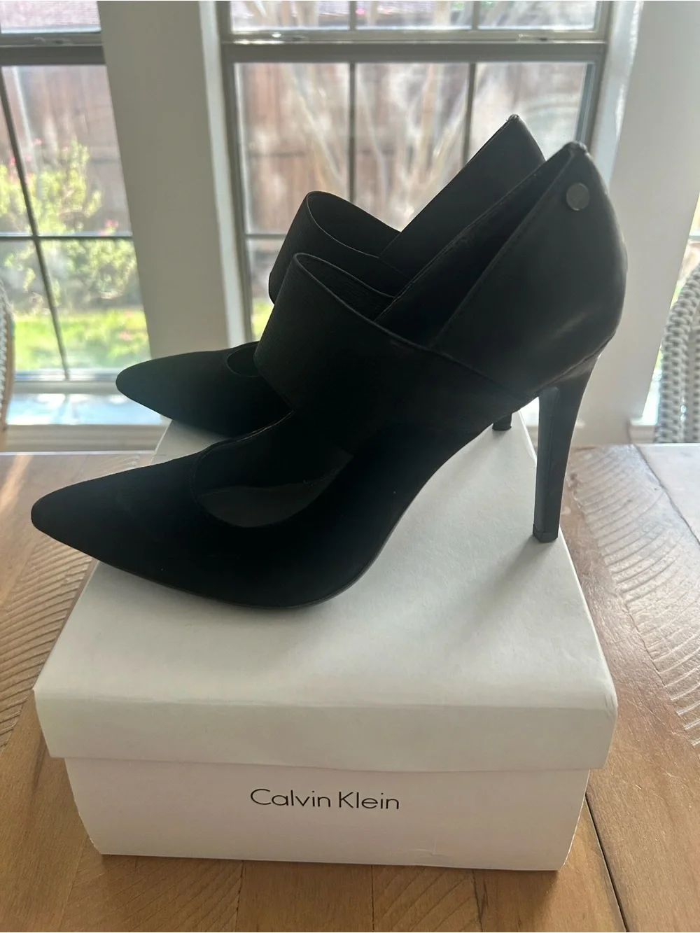 Calvin Klein Black Pointed Toe Stiletto Pumps with Wide Elastic Strap